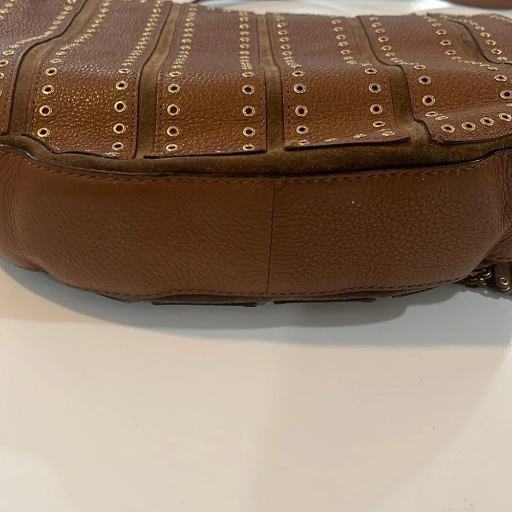 MK Michael Kors Brooklyn Grommet Leather Suede Hobo Crossbody Bag Caramel brown